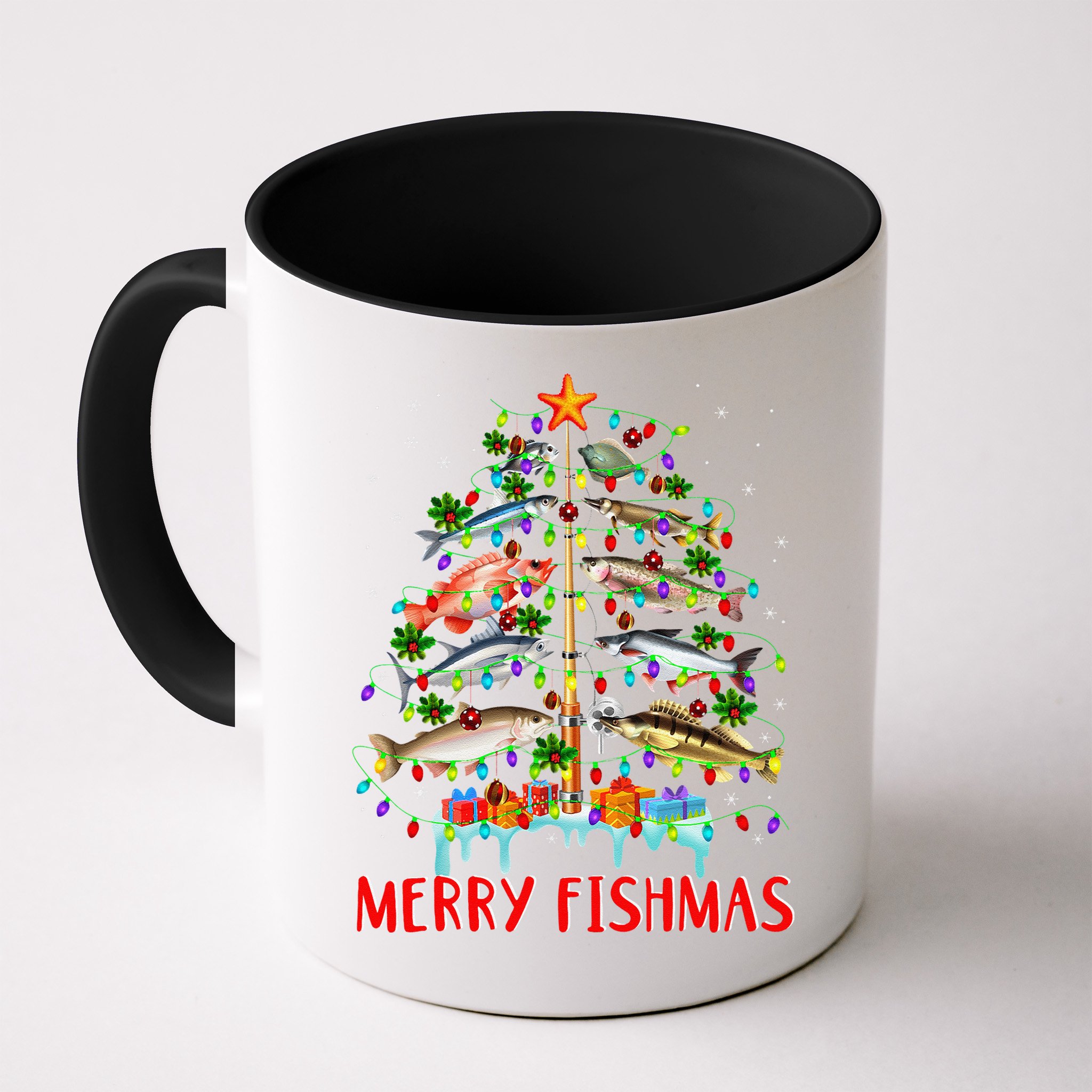 Merry Fishmas Funny Christmas Tree Lights Fish Fishing Rod Mug