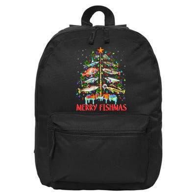 Merry Fishmas Funny Christmas Tree Lights Fish Fishing Rod 16 in Basic Backpack