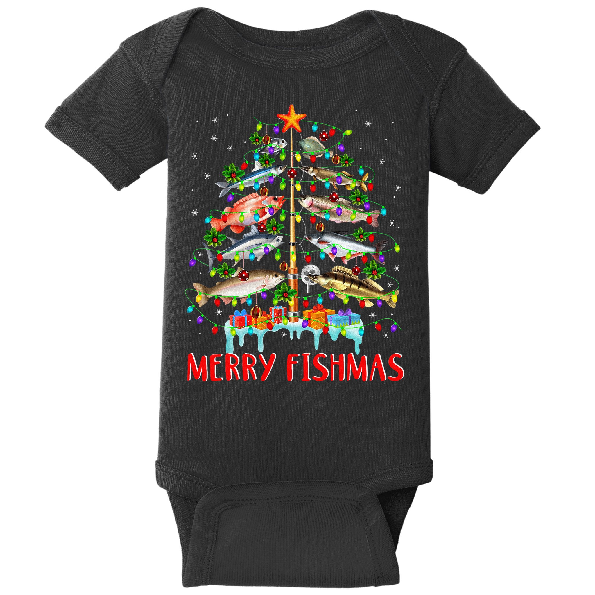 Merry Fishmas Funny Christmas Tree Lights Fish Fishing Rod Baby Bodysuit