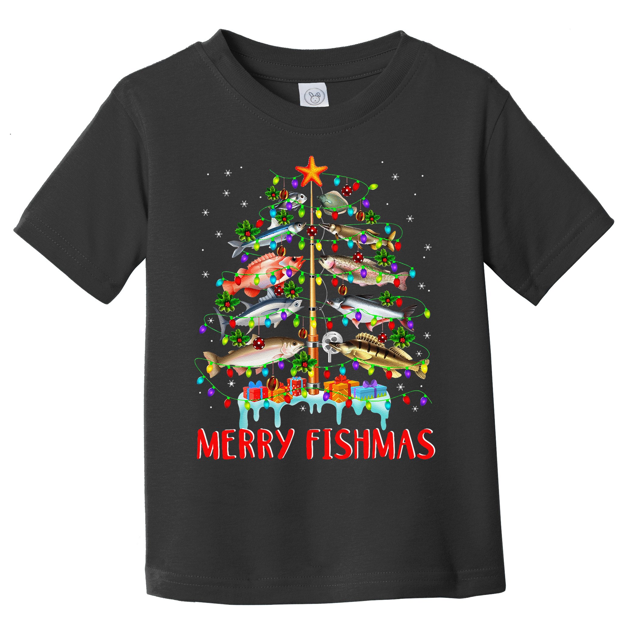 Merry Fishmas Funny Christmas Tree Lights Fish Fishing Rod Toddler T-Shirt