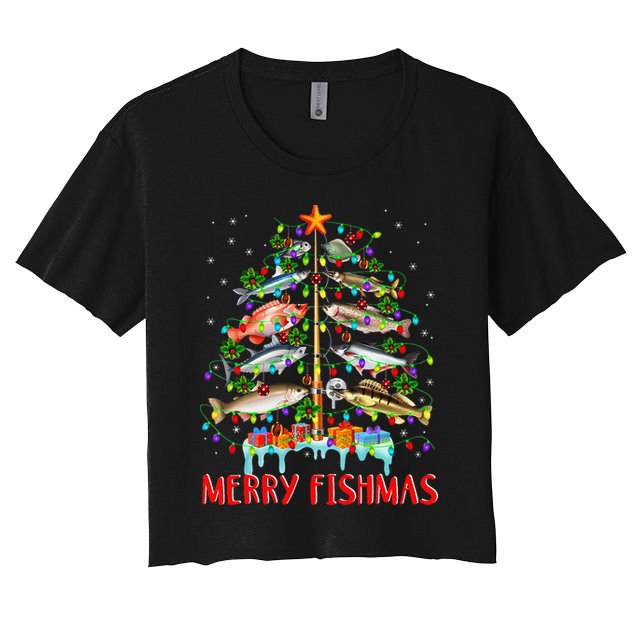 Merry Fishmas Funny Christmas Tree Lights Fish Fishing Rod Women's Crop Top Tee