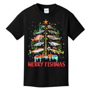 Merry Fishmas Funny Christmas Tree Lights Fish Fishing Rod Kids T-Shirt