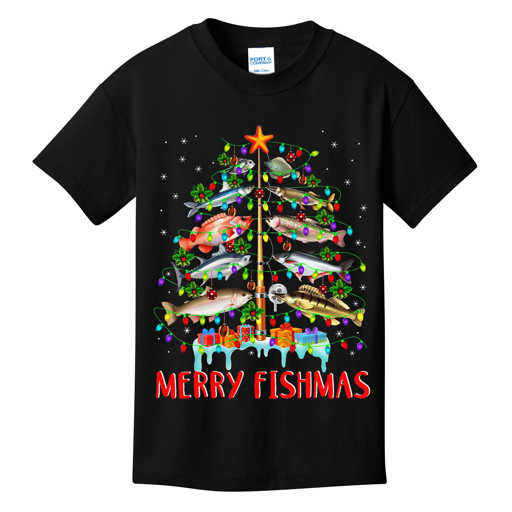 Merry Fishmas Funny Christmas Tree Lights Fish Fishing Rod Kids T-Shirt