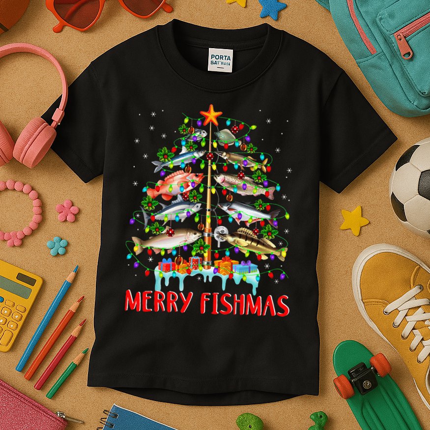 Merry Fishmas Funny Christmas Tree Lights Fish Fishing Rod Kids T-Shirt