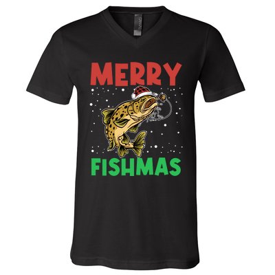 Merry Fishmas For Fisher – Xmas Christmas Fishing Long Sleeve V-Neck T-Shirt