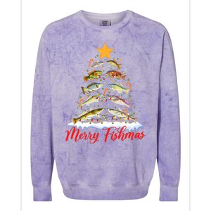 Merry Fishmas Funny Christmas Tree Lights Fish Fishing Rod Colorblast Crewneck Sweatshirt