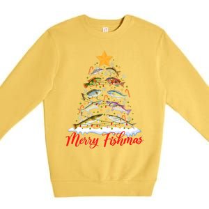 Merry Fishmas Funny Christmas Tree Lights Fish Fishing Rod Premium Crewneck Sweatshirt