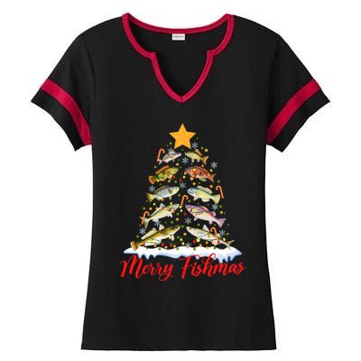 Merry Fishmas Funny Christmas Tree Lights Fish Fishing Rod Ladies Halftime Notch Neck Tee