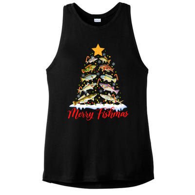 Merry Fishmas Funny Christmas Tree Lights Fish Fishing Rod Ladies PosiCharge Tri-Blend Wicking Tank