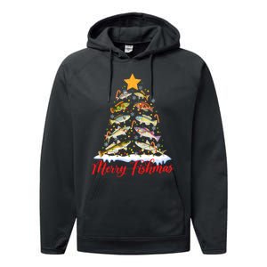 Merry Fishmas Funny Christmas Tree Lights Fish Fishing Rod Performance Fleece Hoodie