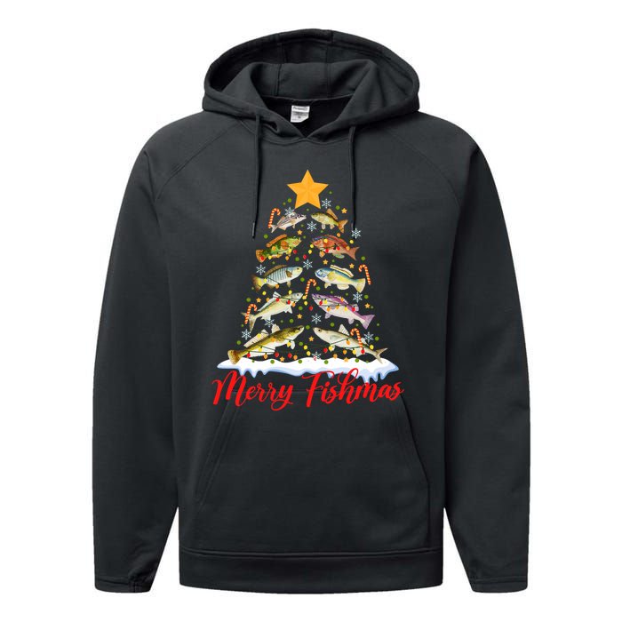 Merry Fishmas Funny Christmas Tree Lights Fish Fishing Rod Performance Fleece Hoodie