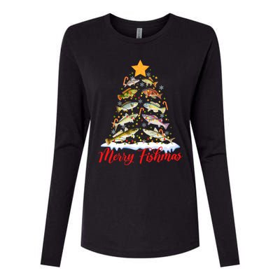 Merry Fishmas Funny Christmas Tree Lights Fish Fishing Rod Womens Cotton Relaxed Long Sleeve T-Shirt