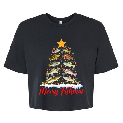 Merry Fishmas Funny Christmas Tree Lights Fish Fishing Rod Bella+Canvas Jersey Crop Tee