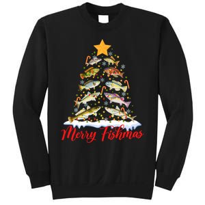 Merry Fishmas Funny Christmas Tree Lights Fish Fishing Rod Sweatshirt