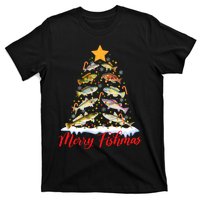 Merry Fishmas Funny Christmas Tree Lights Fish Fishing Rod T-Shirt