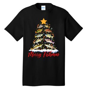 Merry Fishmas Funny Christmas Tree Lights Fish Fishing Rod Tall T-Shirt