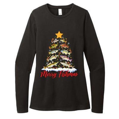 Merry Fishmas Funny Christmas Tree Lights Fish Fishing Rod Womens CVC Long Sleeve Shirt