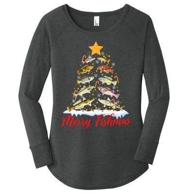 Merry Fishmas Funny Christmas Tree Lights Fish Fishing Rod Women's Perfect Tri Tunic Long Sleeve Shirt