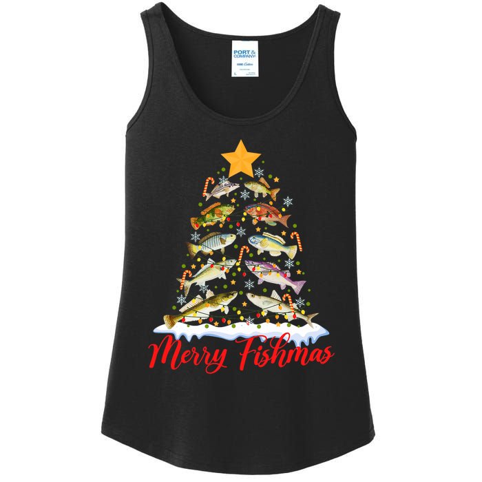 Merry Fishmas Funny Christmas Tree Lights Fish Fishing Rod Ladies Essential Tank