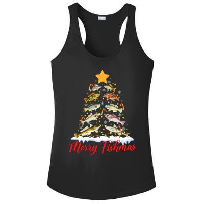 Merry Fishmas Funny Christmas Tree Lights Fish Fishing Rod Ladies PosiCharge Competitor Racerback Tank