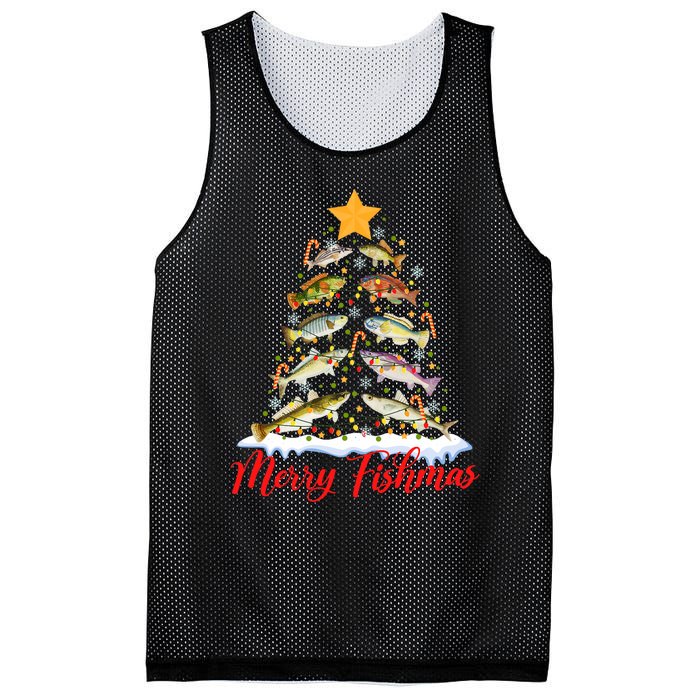 Merry Fishmas Funny Christmas Tree Lights Fish Fishing Rod Mesh Reversible Basketball Jersey Tank