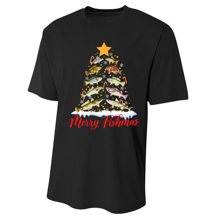 Merry Fishmas Funny Christmas Tree Lights Fish Fishing Rod Performance Sprint T-Shirt