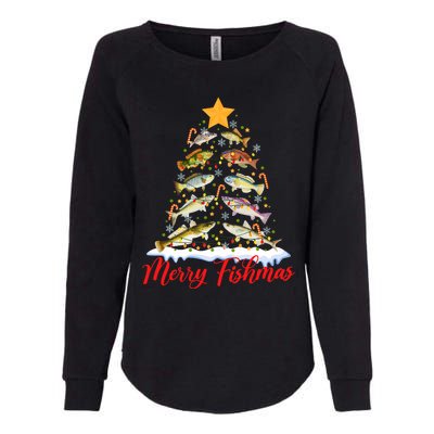 Merry Fishmas Funny Christmas Tree Lights Fish Fishing Rod Womens California Wash Sweatshirt