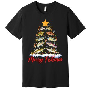 Merry Fishmas Funny Christmas Tree Lights Fish Fishing Rod Premium T-Shirt