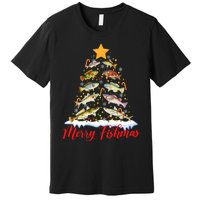 Merry Fishmas Funny Christmas Tree Lights Fish Fishing Rod Premium T-Shirt