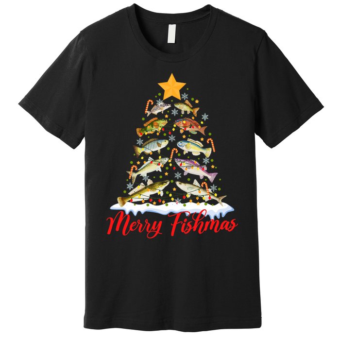 Merry Fishmas Funny Christmas Tree Lights Fish Fishing Rod Premium T-Shirt