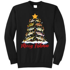 Merry Fishmas Funny Christmas Tree Lights Fish Fishing Rod Tall Sweatshirt