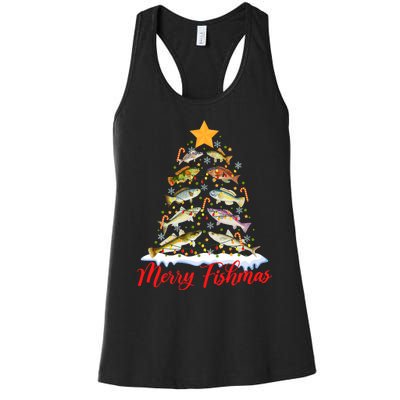 Merry Fishmas Funny Christmas Tree Lights Fish Fishing Rod Women's Racerback Tank