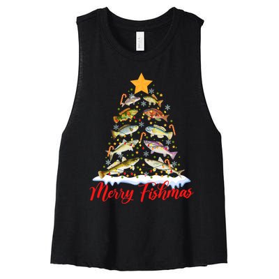 Merry Fishmas Funny Christmas Tree Lights Fish Fishing Rod Women's Racerback Cropped Tank