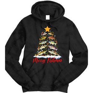 Merry Fishmas Funny Christmas Tree Lights Fish Fishing Rod Tie Dye Hoodie