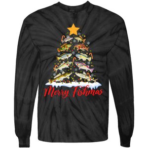 Merry Fishmas Funny Christmas Tree Lights Fish Fishing Rod Tie-Dye Long Sleeve Shirt