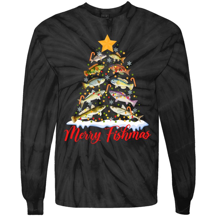 Merry Fishmas Funny Christmas Tree Lights Fish Fishing Rod Tie-Dye Long Sleeve Shirt