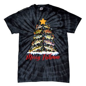 Merry Fishmas Funny Christmas Tree Lights Fish Fishing Rod Tie-Dye T-Shirt