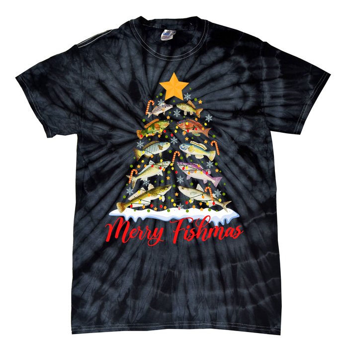 Merry Fishmas Funny Christmas Tree Lights Fish Fishing Rod Tie-Dye T-Shirt