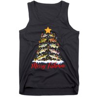 Merry Fishmas Funny Christmas Tree Lights Fish Fishing Rod Tank Top