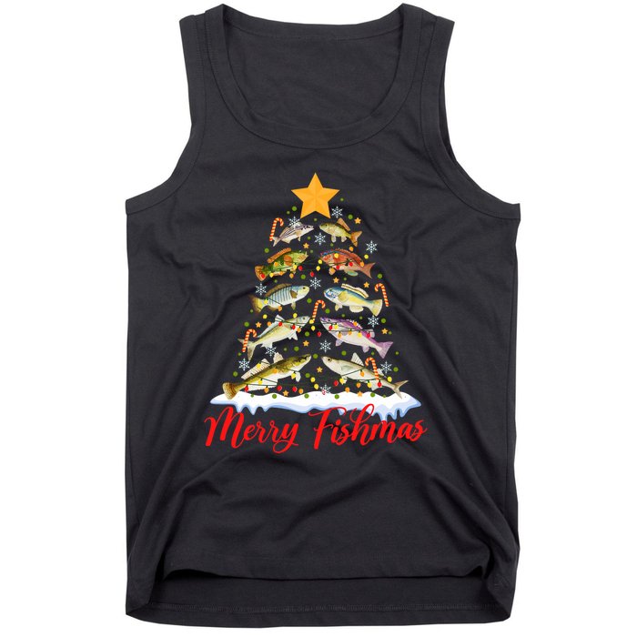 Merry Fishmas Funny Christmas Tree Lights Fish Fishing Rod Tank Top