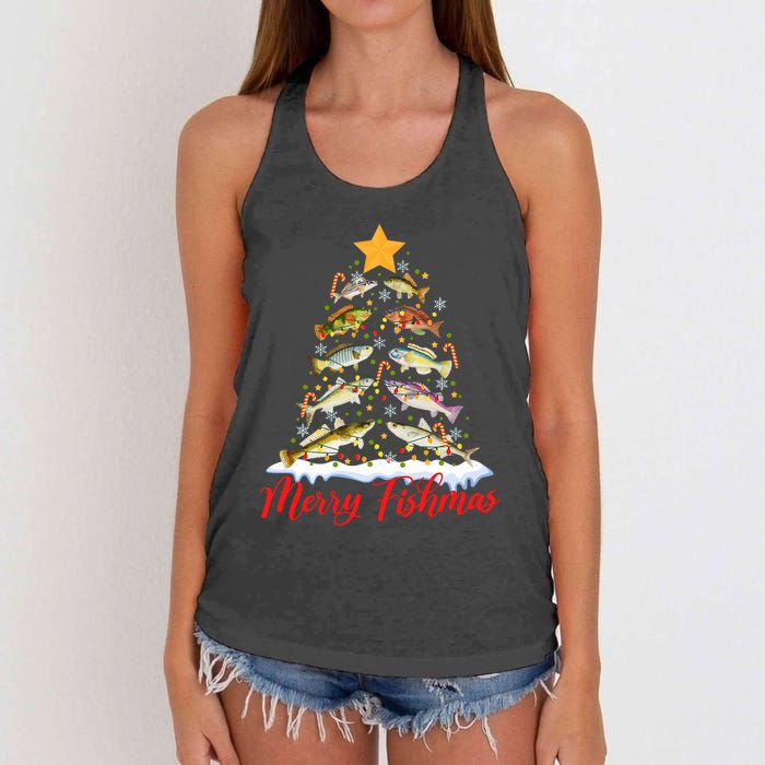 Merry Fishmas Funny Christmas Tree Lights Fish Fishing Rod Women's Knotted Racerback Tank