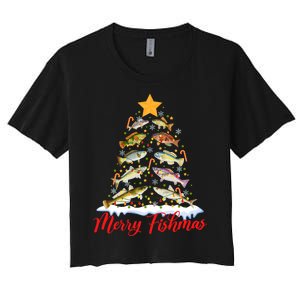 Merry Fishmas Funny Christmas Tree Lights Fish Fishing Rod Women's Crop Top Tee