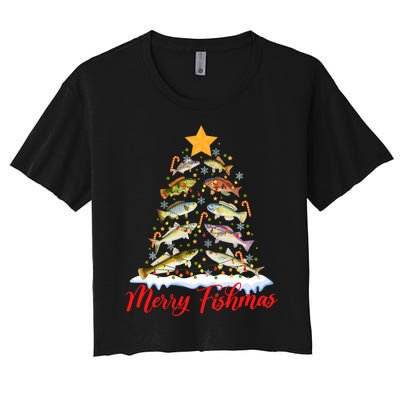 Merry Fishmas Funny Christmas Tree Lights Fish Fishing Rod Women's Crop Top Tee