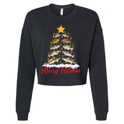 Merry Fishmas Funny Christmas Tree Lights Fish Fishing Rod Cropped Pullover Crew