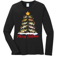 Merry Fishmas Funny Christmas Tree Lights Fish Fishing Rod Ladies Long Sleeve Shirt