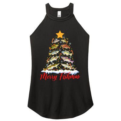 Merry Fishmas Funny Christmas Tree Lights Fish Fishing Rod Women's Perfect Tri Rocker Tank