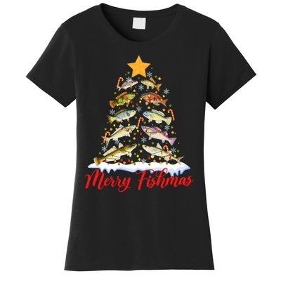 Merry Fishmas Funny Christmas Tree Lights Fish Fishing Rod Women's T-Shirt