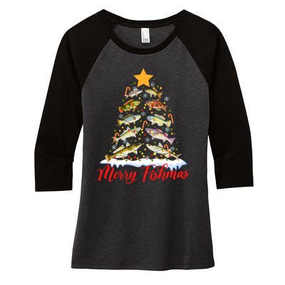 Merry Fishmas Funny Christmas Tree Lights Fish Fishing Rod Women's Tri-Blend 3/4-Sleeve Raglan Shirt