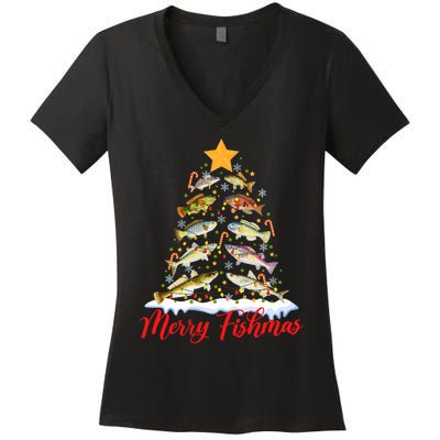 Merry Fishmas Funny Christmas Tree Lights Fish Fishing Rod Women's V-Neck T-Shirt