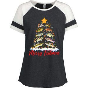 Merry Fishmas Funny Christmas Tree Lights Fish Fishing Rod Enza Ladies Jersey Colorblock Tee